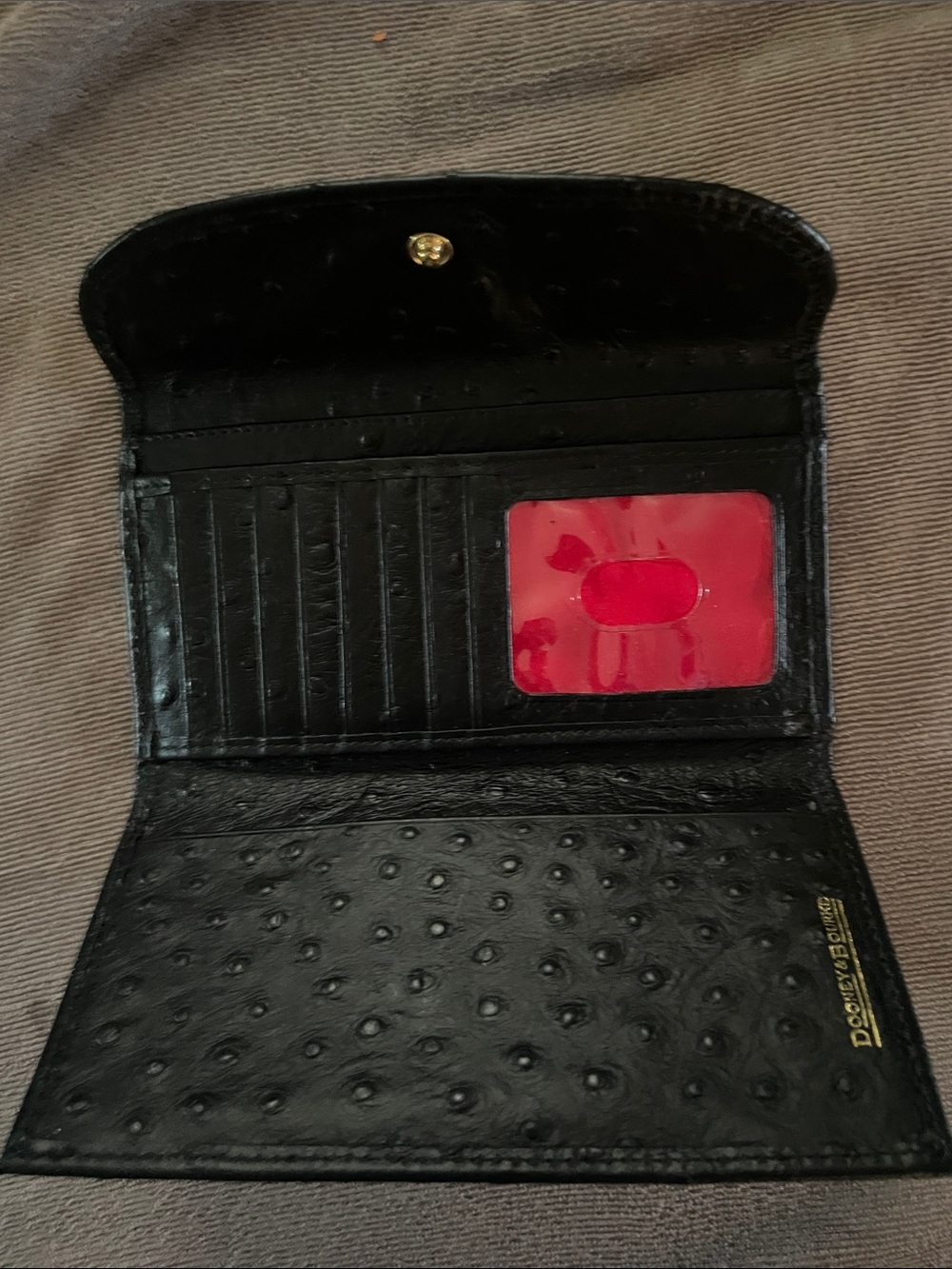 Dooney & Bourke Black Ostrich-Embossed Leather Clutch Wallet with Gold Plaque - Picture 2 of 3